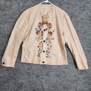 Manly Jacket Womens Large Tan Floral Linen Blend Embroidered Button Front Casual